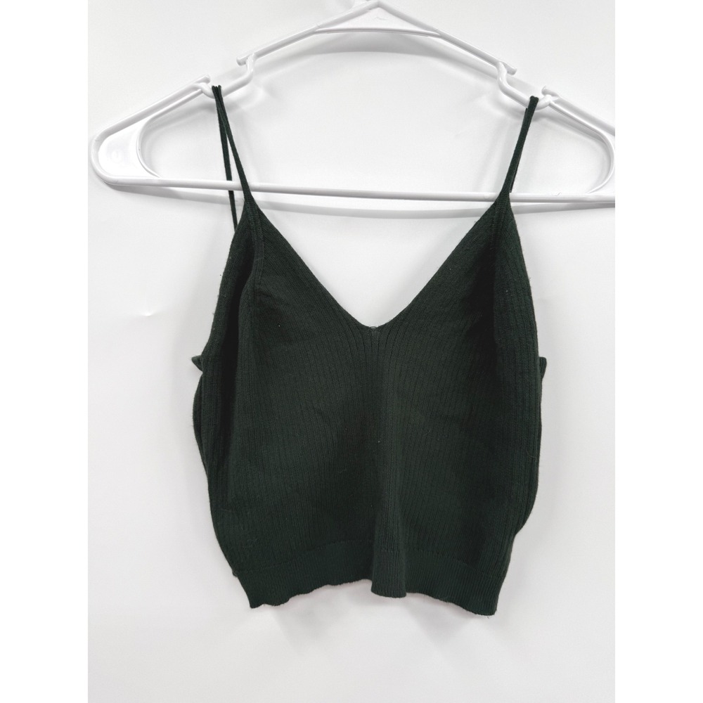 SHEIN L Ribbed Knit Camisole Womens Forest Green V-Neck Spaghetti Strap Crop Top